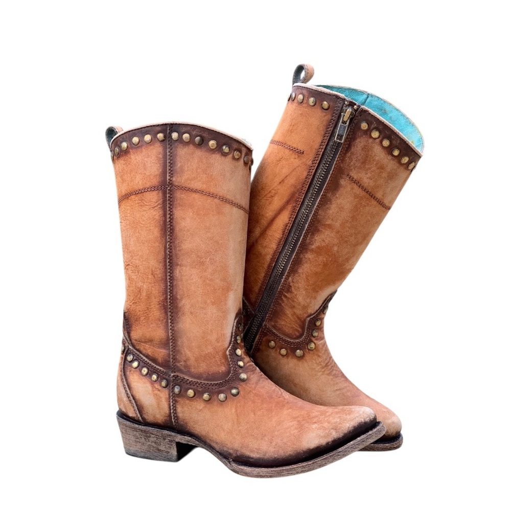 Corral Distressed Honey Leather Stud Zipper Western Boots 8.5 C3674 - Picture 5 of 6